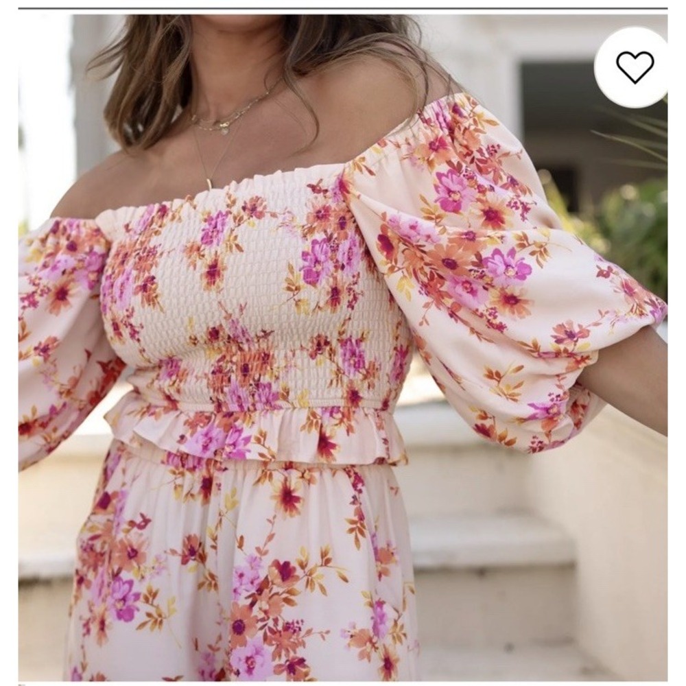 Kittenish Light Pink Floral Smocked crop top puff sleeve NWT Womens XL